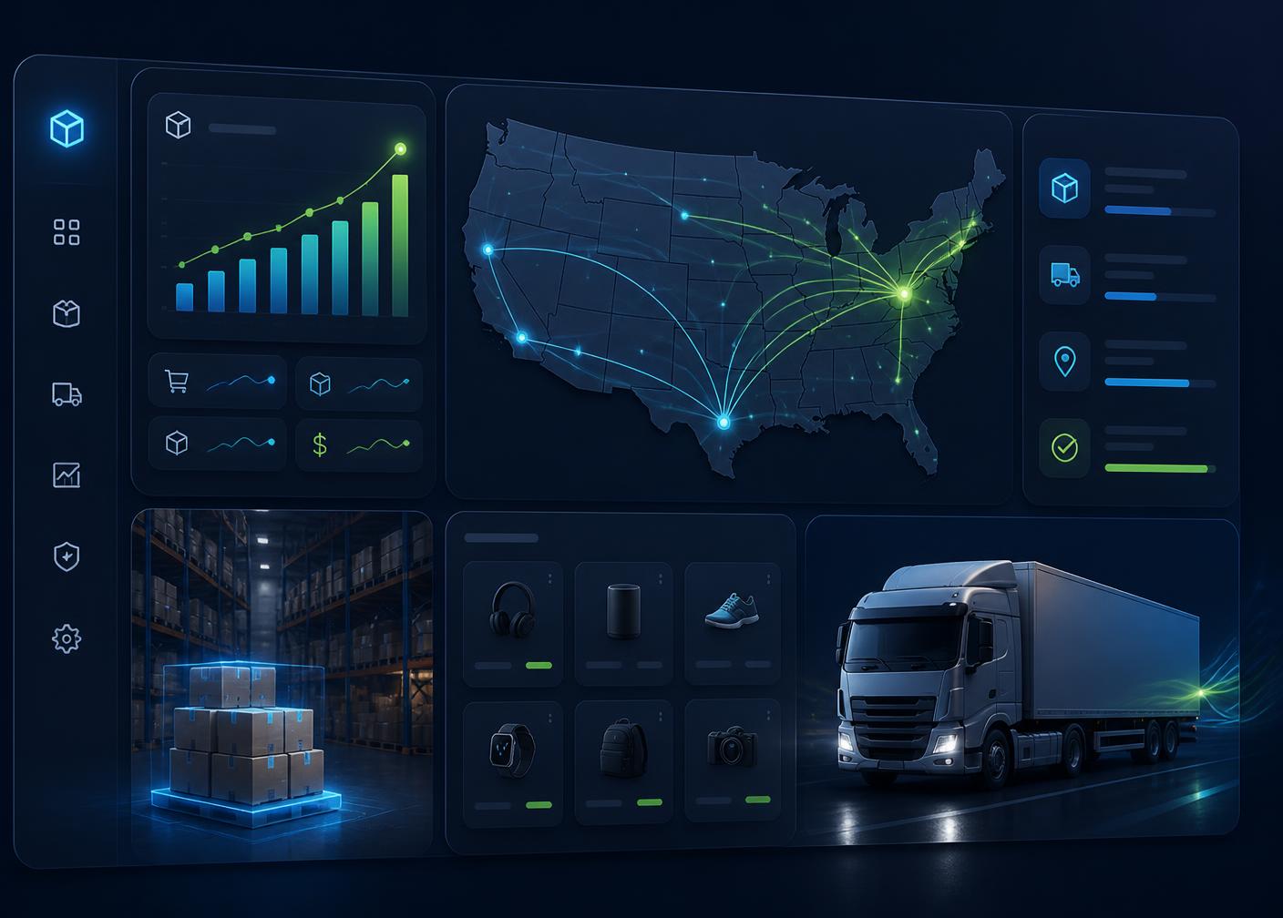 VesperDrop BD warehouse dashboard showing US shipping routes, live order analytics, and same-day fulfillment